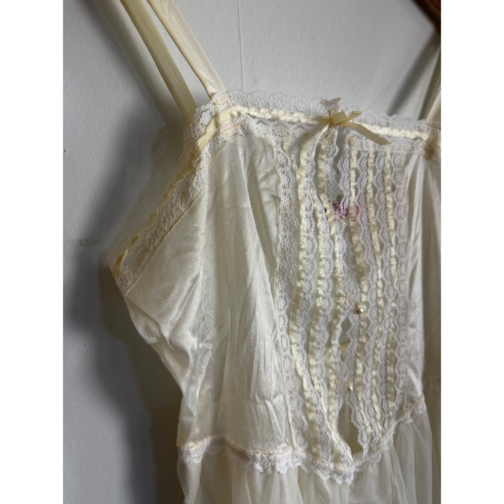 Vintage Cream Lace Trim Nightgown Sheer Maxi slip Pearl Detail romantic Wedding - Picture 6 of 16